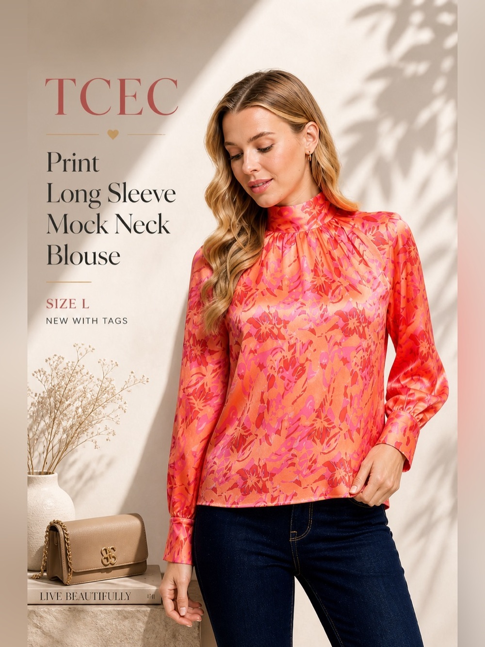 TCEC Satin Mock Neck Floral Blouse Pink Orange Size L NWT